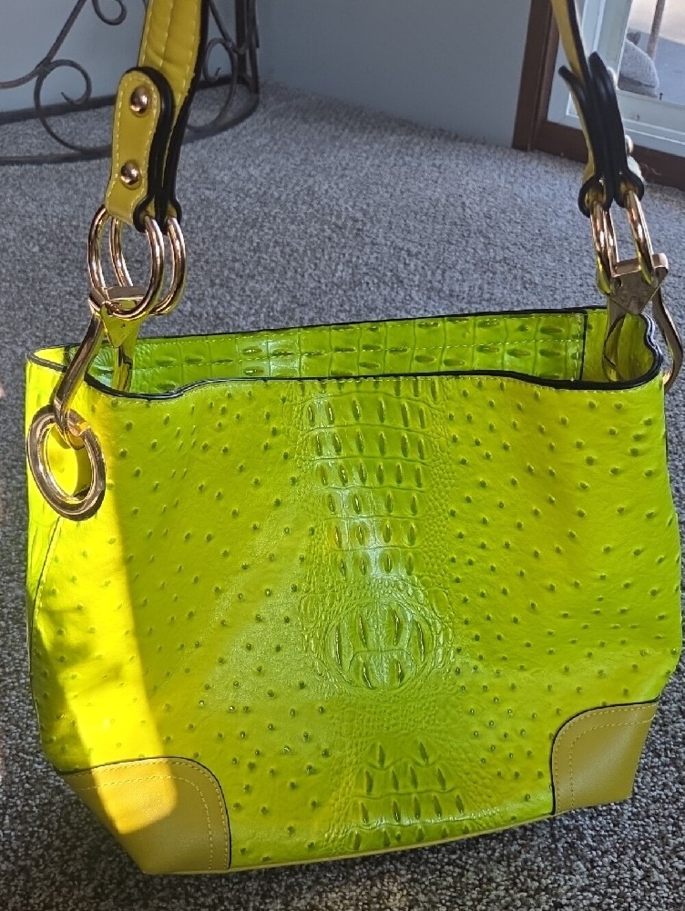 Bright Yellow Green Ostrich-Texture Shoulder Bag with Matching Wallet